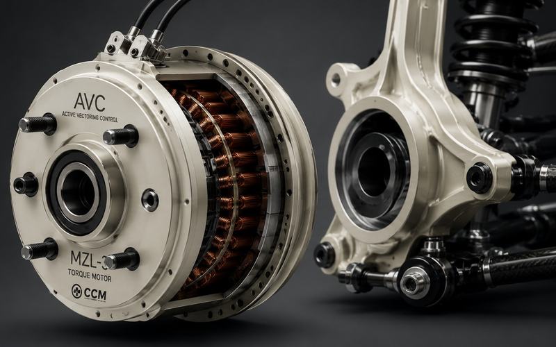 CCM MZL-3 Torque Motor mit Active Vectoring Control und Kupferwicklung neben Radträger